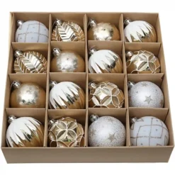 Confezione Con 16 Palle Da 8cm Di Natale, Oro E Bianche