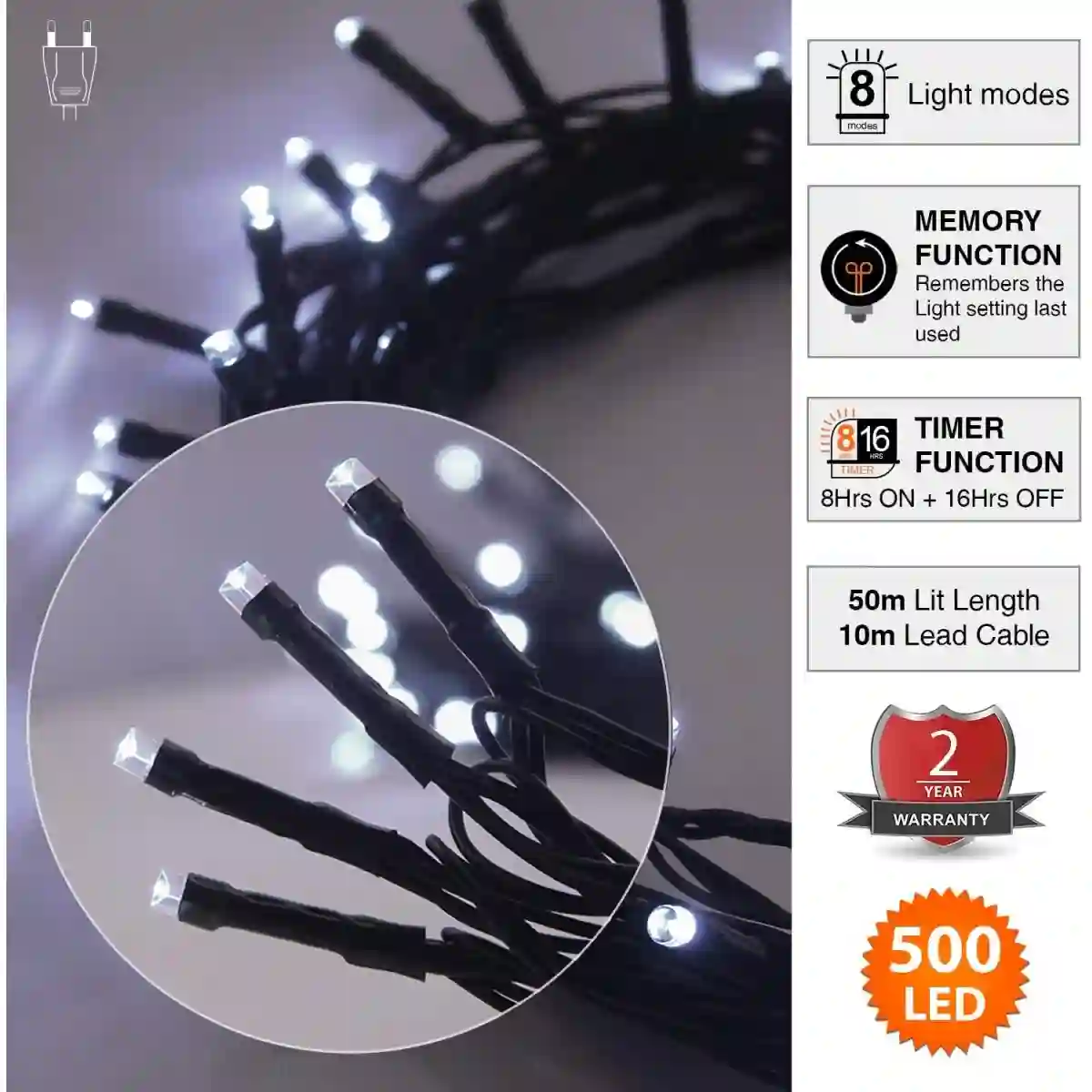 Luci Di Natale Da 500 LED, Colore Bianco, Catena Luminosa 2 Luci Di Natale Da 500 LED, Colore Bianco, Catena Luminosa - immagine 2