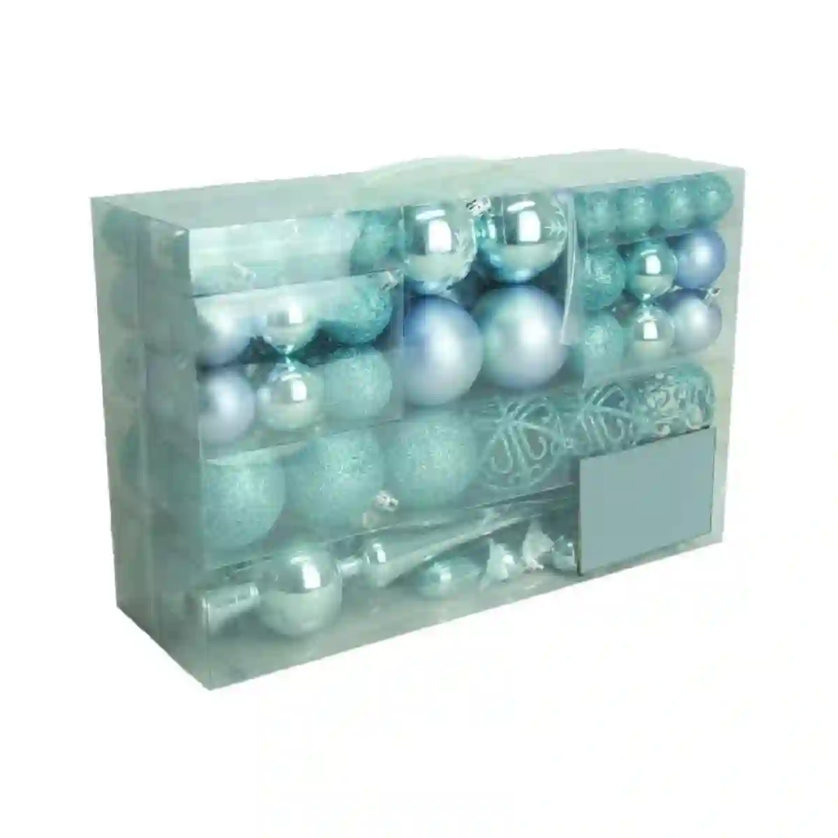 Scatola Con 101 Palline Di Natale Metallo, Blu Ghiaccio E Azzurro E Puntale 1 Scatola Con 101 Palline Di Natale Metallo, Blu Ghiaccio E Azzurro E Puntale