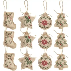 Set 12 Decorazioni In Juta E Stoffa Per Albero Di Natale