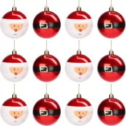 Set 12 Palline Di Natale Rosse Scintillanti E Babbo Natale, Da 8 Cm