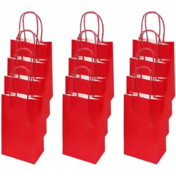 Set 12 Sacchetti Rossi Di Carta Da 13 X 8 X 21cm, Per Regali Di Natale