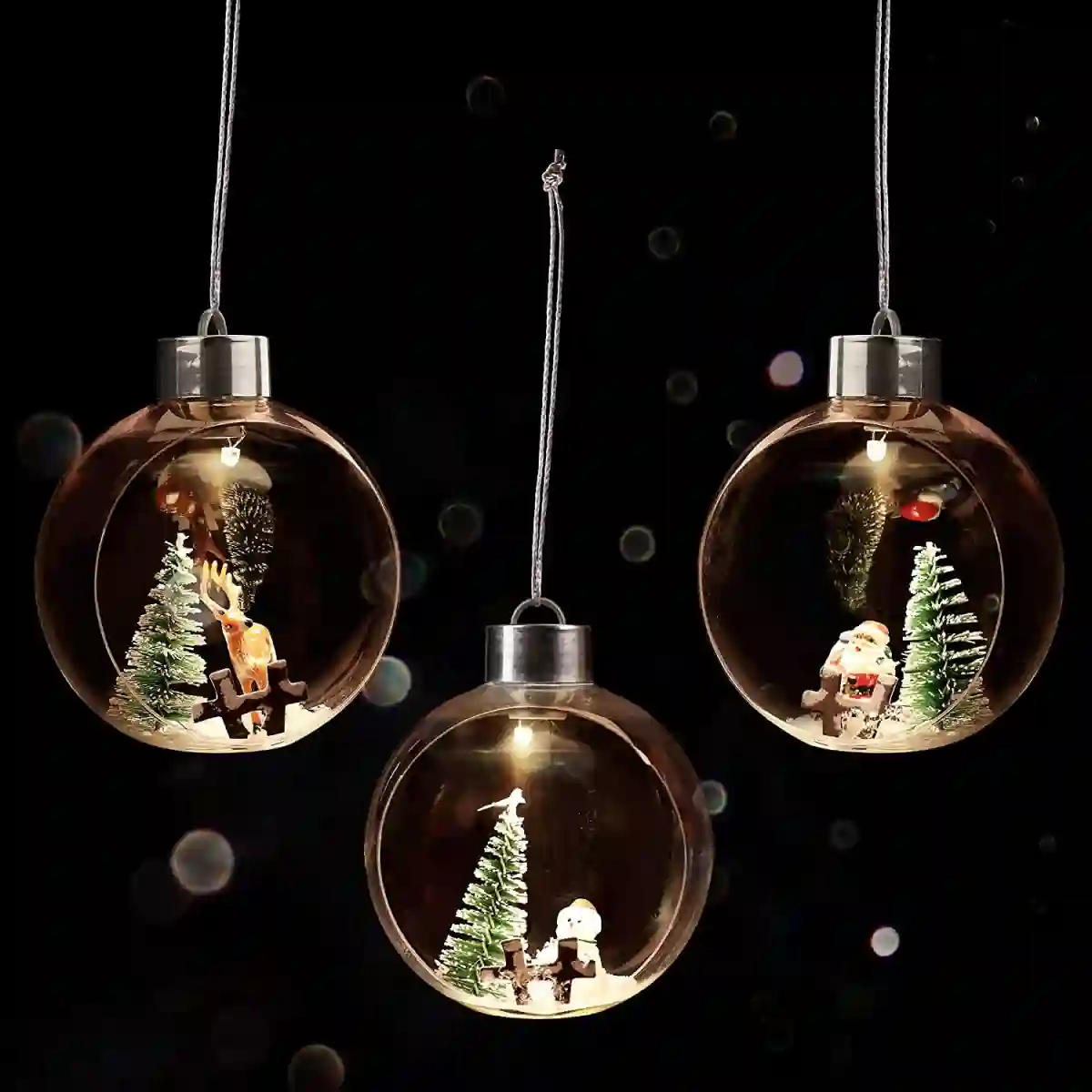 Set 3 Palline Di Natale Luminose LED Con Renne E Babbo Natale 1 Set 3 Palline Di Natale Luminose LED Con Renne E Babbo Natale