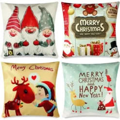 Set 4 Federe Per Cuscini Con Babbo Natale E Elfi, Decorazioni Per Casa