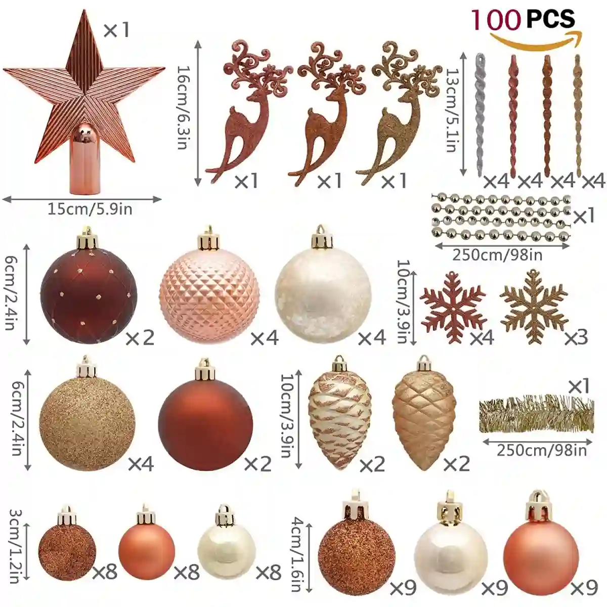 Set Da 100 Decorazioni E Palle Di Natale, Oro E Rame 3 Set Da 100 Decorazioni E Palle Di Natale, Oro E Rame - immagine 3