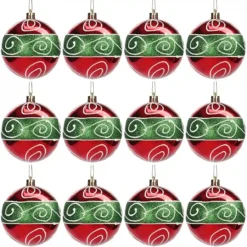 Set Da 12 Palline Di Natale Verdi E Rosse Con Decorazioni