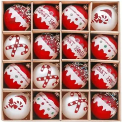 Set Da 16 Palle Di Natale Rosso E Bianco, Da 8 Cm, Grafiche Assortite