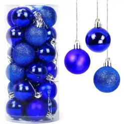Set Da 24 Palle Di Natale Blu, Lucide E Glitterate, 3 Tipologie