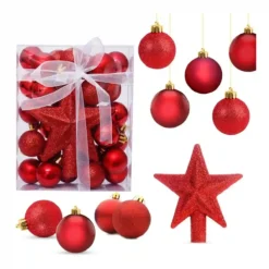 Set Da 30 Palle Di Natale Rosse Lucide, Opache E Glitterate