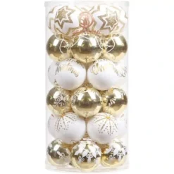 Set Da 30 Palline Di Natale 6 Cm, Eleganti, Oro E Bianche