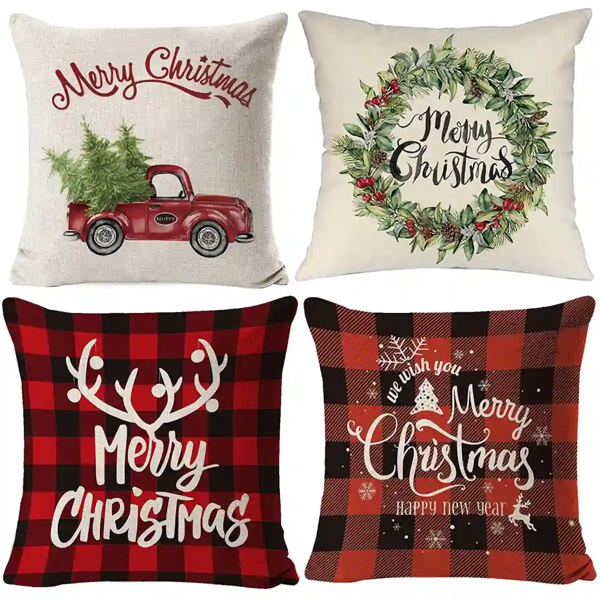 Set Da 4 Fodere Per Cuscini Assortite, Motivo Natale 1 Set Da 4 Fodere Per Cuscini Assortite, Motivo Natale