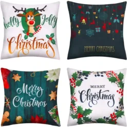 Set Di 4 Federe In Cotone E Lino Natalizie, 4 Motivi Di Natale