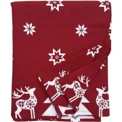 Tovaglia Rossa Con Stelle Bianche In 100% Cotone, Per Natale