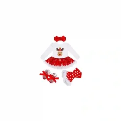 Vestito Per Bambine, Tema Cervo Di Natale, In Cotone, Con Fascia E Scarpe